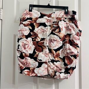 Express High Waisted Floral Linen-Blend Asymmetrical Ruched Mini Skirt